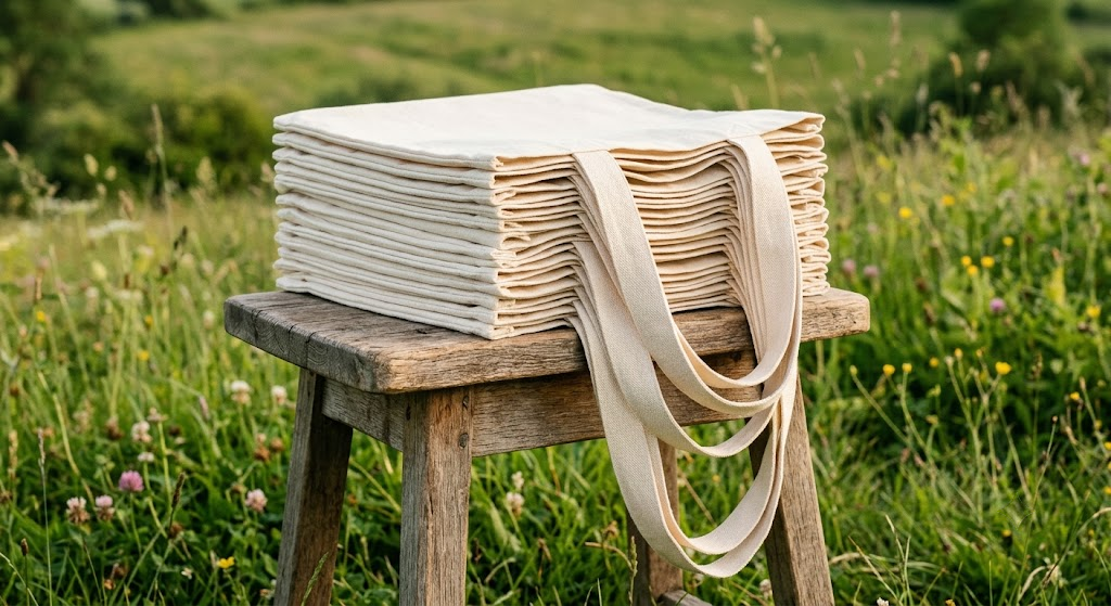 Pila de tote bags personalizadas de algodón de 180g sobre taburete de madera