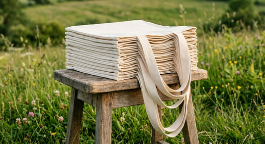 Pila de tote bags personalizadas de algodón de 180g sobre taburete de madera