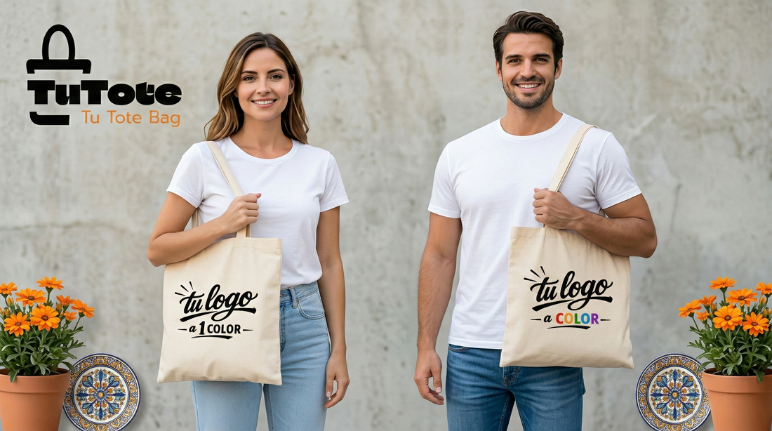 Dos personas mostrando la diferencia entre una bolsa de tela personalizada con logo a 1 color (negro) y otra con logo a todo color de TuTote sobre un fondo minimalista