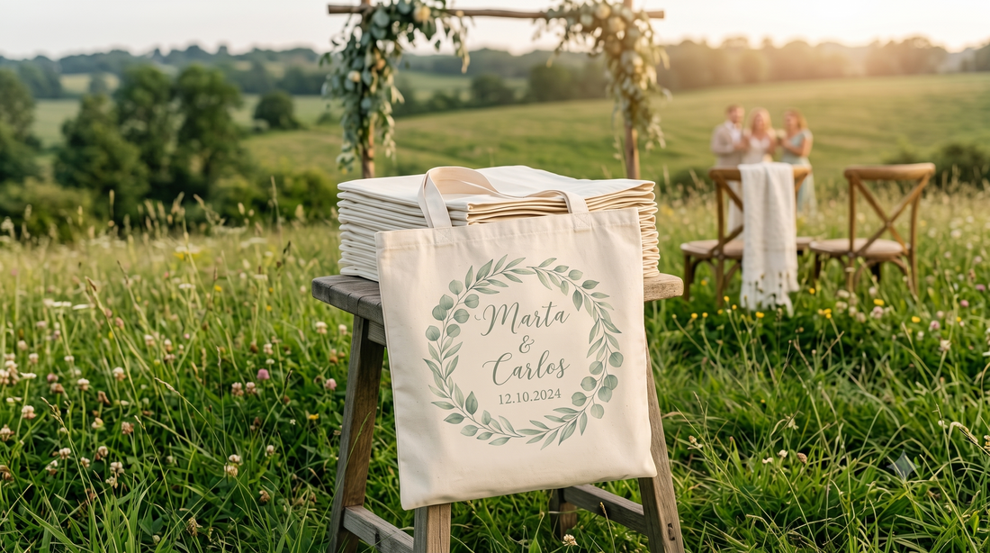 Tote bags personalizadas con diseño botánico para regalos de boda