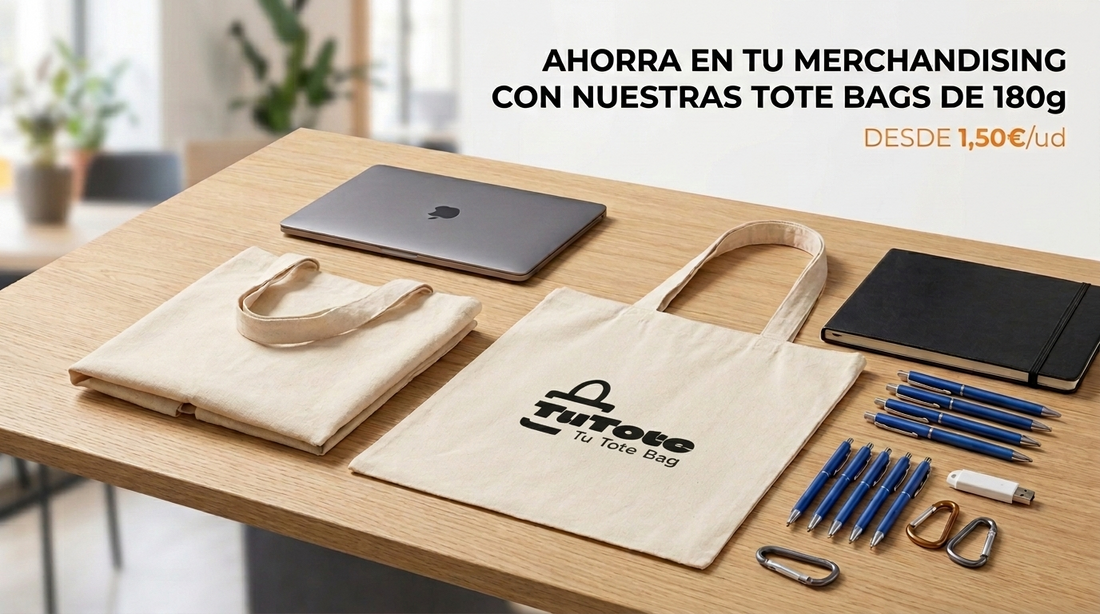 Tote bag personalizada 180g TuTote en mesa de oficina con packs de merchandising para empresas desde 1,50€.