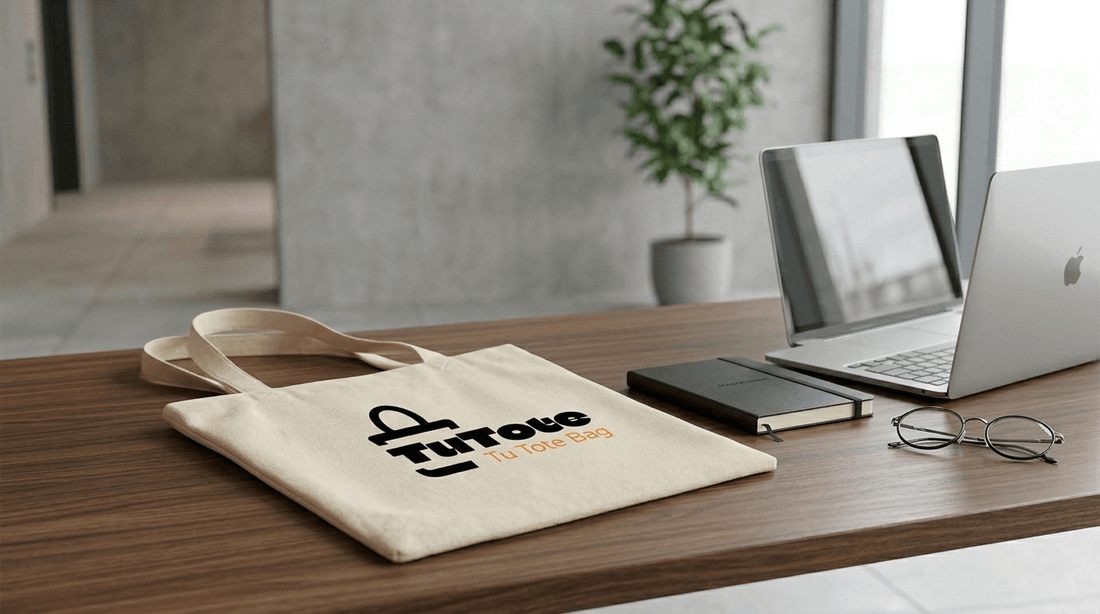 ote bag de algodón premium de 180g de TuTote sobre un escritorio de nogal pulido con el logo oficial, rodeada de un portátil, agenda y gafas en un entorno de oficina moderno.