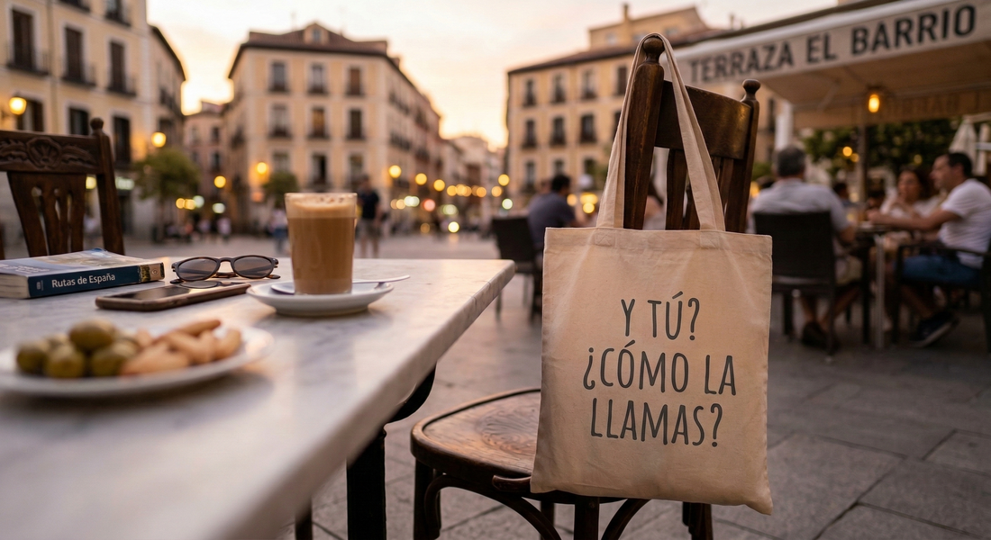 Tote Bag de algodón premium TuTote con el texto "¿Y TÚ? ¿CÓMO LA LLAMAS?" en una terraza